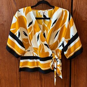 Nine West Yellow Black & White Patterned Wrap Blouse